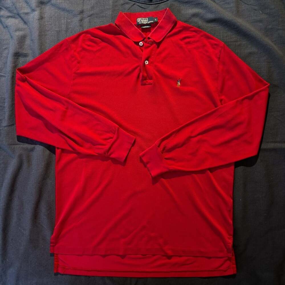 Vintage 90s Polo Ralph Lauren Red Long Sleeve Polo Shirt Large Pima Cotton